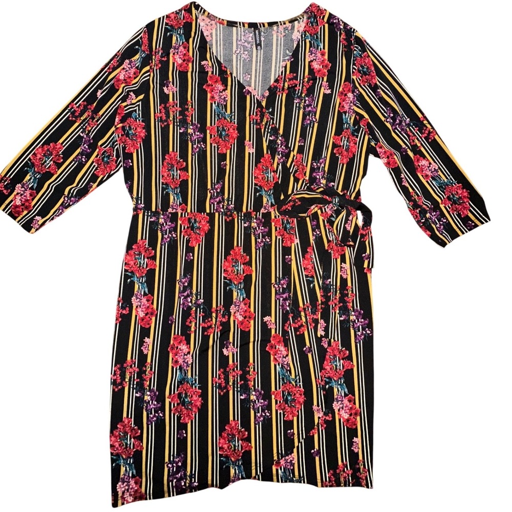 Massini Womens Plus 1X Faux Wrap Dress Floral Striped V-Neck 3/4 Sleeve Black